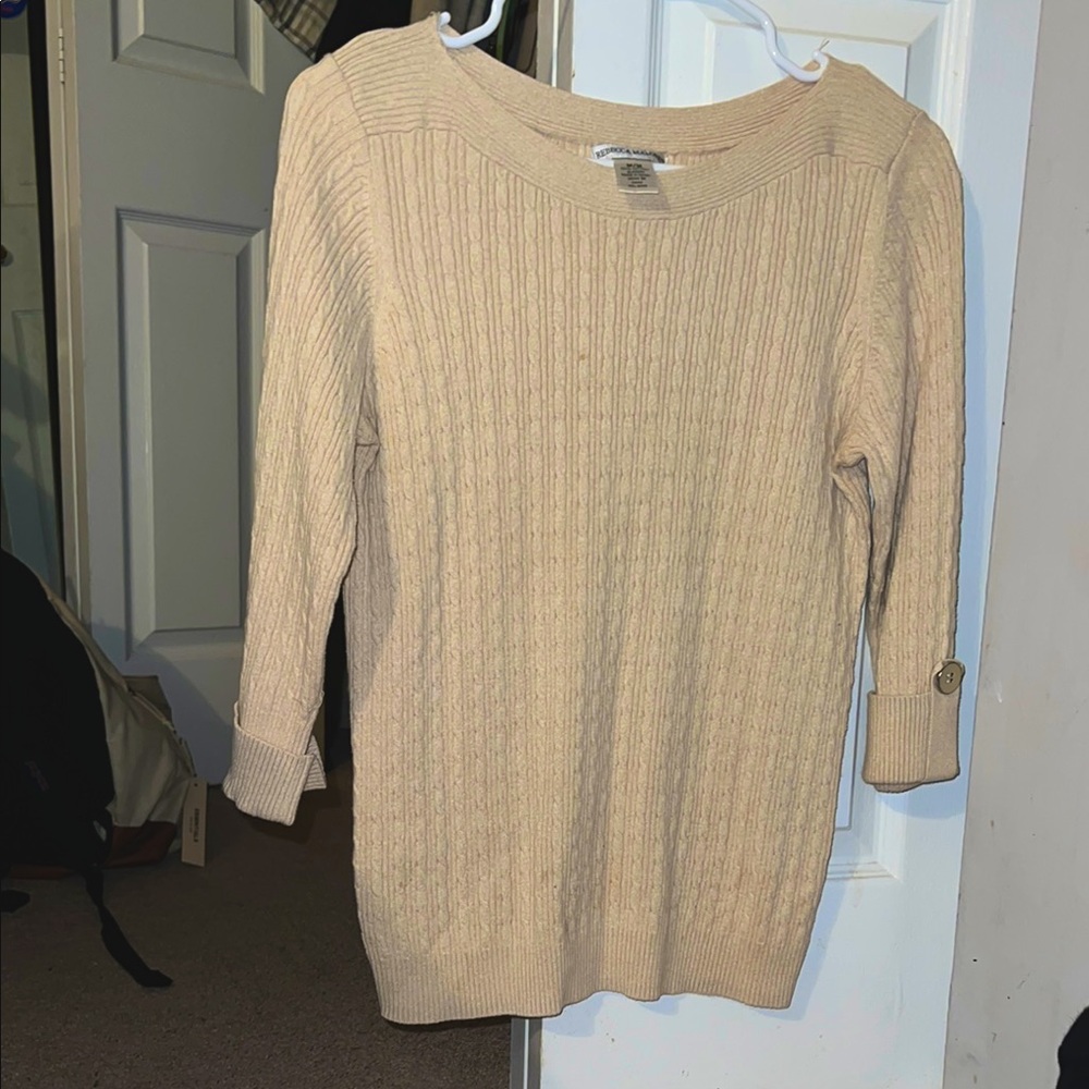 Rebecca Malone Cream Crew Neck Sweater with Cable Knit